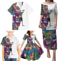 Custom Skeleton Golfer Family Matching Puletasi and Hawaiian Shirt with Tropical Flamingo Leaves Pattern and Colorful Floral Background - Wonder Print Shop