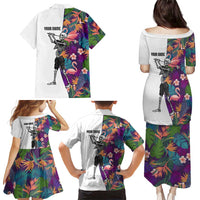 Custom Skeleton Golfer Family Matching Puletasi and Hawaiian Shirt with Tropical Flamingo Leaves Pattern and Colorful Floral Background - Wonder Print Shop