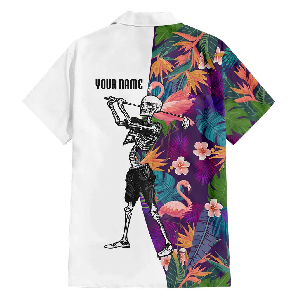 Custom Skeleton Golfer Family Matching Puletasi and Hawaiian Shirt with Tropical Flamingo Leaves Pattern and Colorful Floral Background - Wonder Print Shop