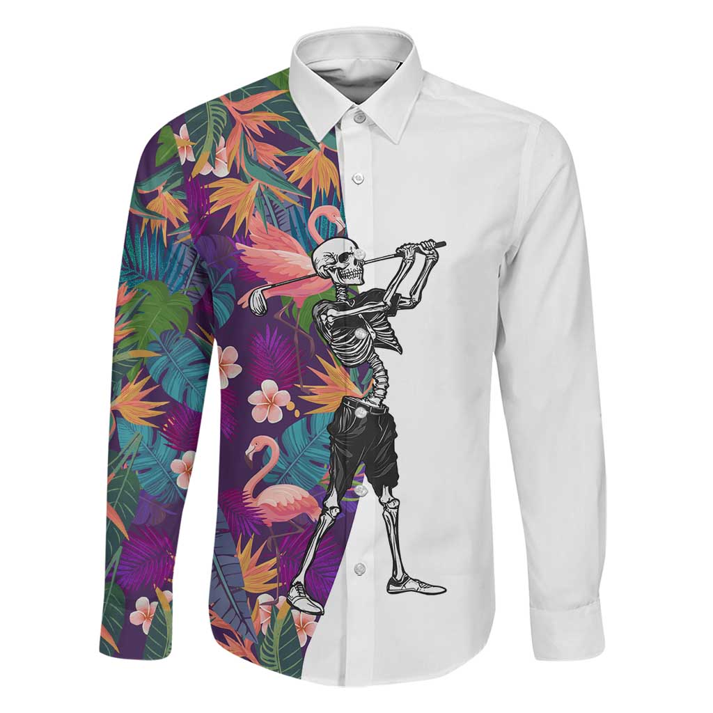 Custom Skeleton Golfer Family Matching Puletasi and Hawaiian Shirt with Tropical Flamingo Leaves Pattern and Colorful Floral Background - Wonder Print Shop