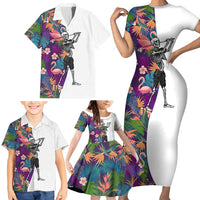 Custom Skeleton Golfer Family Matching Short Sleeve Bodycon Dress and Hawaiian Shirt with Tropical Flamingo Leaves Pattern and Colorful Floral Background - Wonder Print Shop