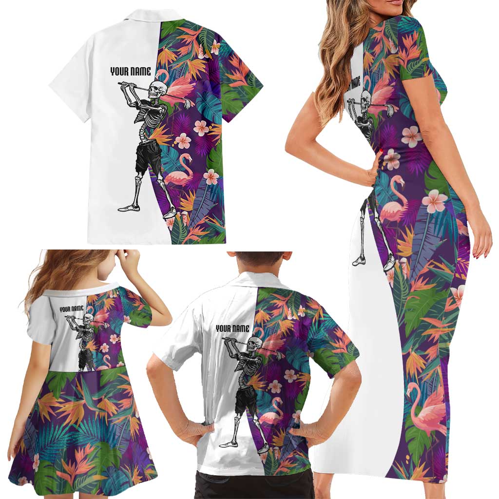 Custom Skeleton Golfer Family Matching Short Sleeve Bodycon Dress and Hawaiian Shirt with Tropical Flamingo Leaves Pattern and Colorful Floral Background - Wonder Print Shop