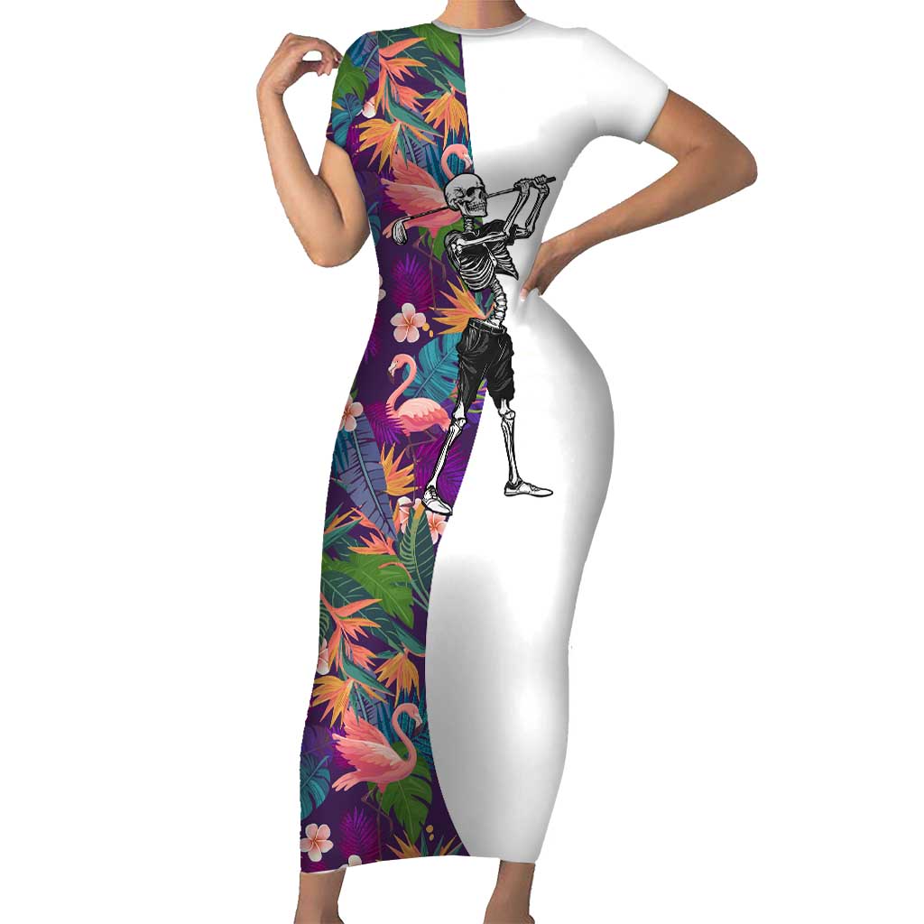 Custom Skeleton Golfer Family Matching Short Sleeve Bodycon Dress and Hawaiian Shirt with Tropical Flamingo Leaves Pattern and Colorful Floral Background - Wonder Print Shop
