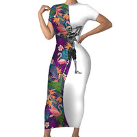 Custom Skeleton Golfer Family Matching Short Sleeve Bodycon Dress and Hawaiian Shirt with Tropical Flamingo Leaves Pattern and Colorful Floral Background - Wonder Print Shop