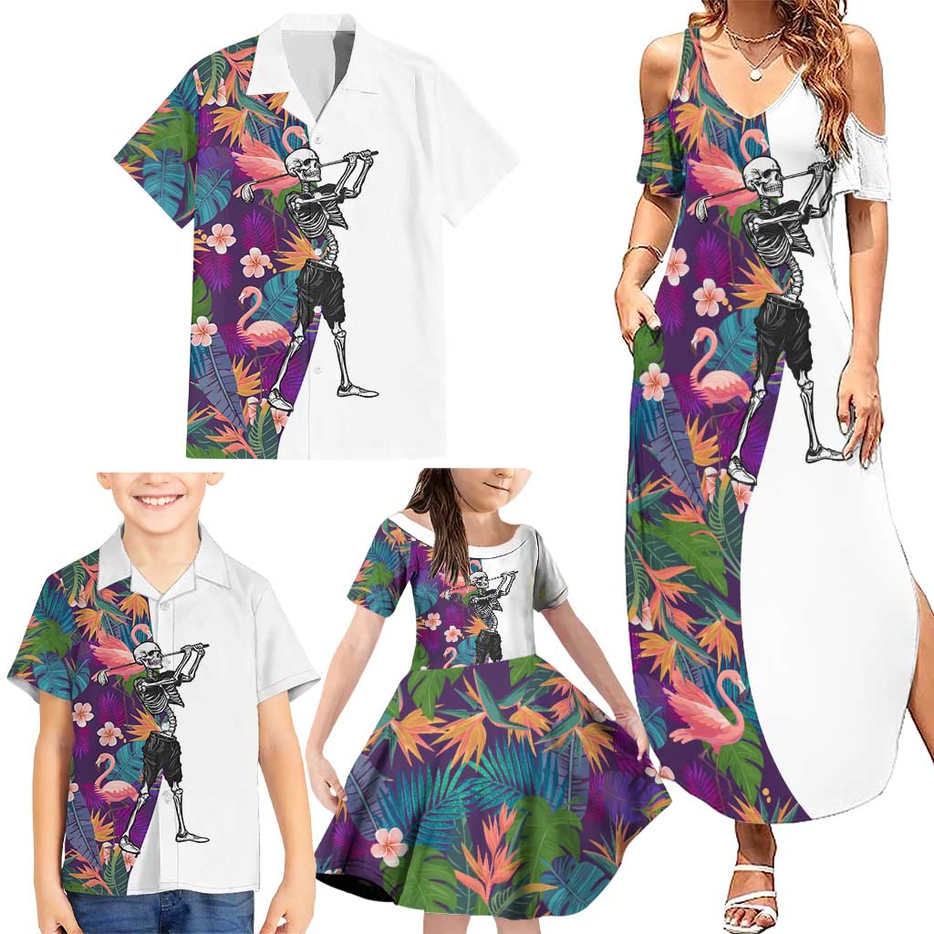 Custom Skeleton Golfer Family Matching Summer Maxi Dress and Hawaiian Shirt with Tropical Flamingo Leaves Pattern and Colorful Floral Background - Wonder Print Shop