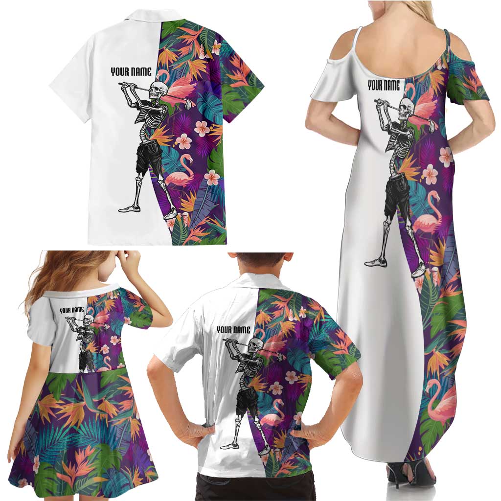 Custom Skeleton Golfer Family Matching Summer Maxi Dress and Hawaiian Shirt with Tropical Flamingo Leaves Pattern and Colorful Floral Background - Wonder Print Shop