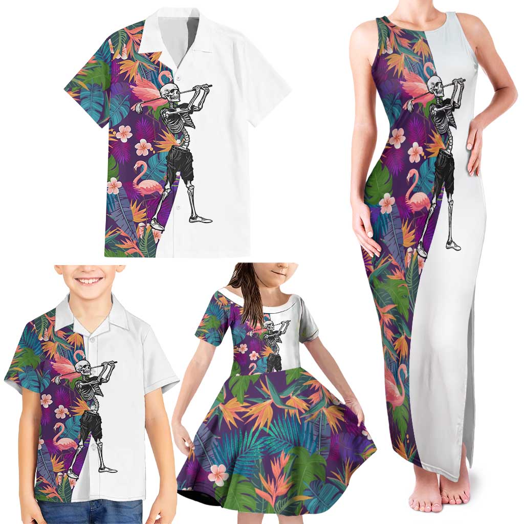 Custom Skeleton Golfer Family Matching Tank Maxi Dress and Hawaiian Shirt with Tropical Flamingo Leaves Pattern and Colorful Floral Background - Wonder Print Shop