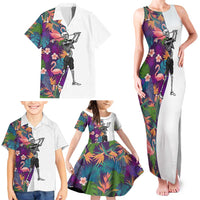 Custom Skeleton Golfer Family Matching Tank Maxi Dress and Hawaiian Shirt with Tropical Flamingo Leaves Pattern and Colorful Floral Background - Wonder Print Shop