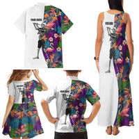 Custom Skeleton Golfer Family Matching Tank Maxi Dress and Hawaiian Shirt with Tropical Flamingo Leaves Pattern and Colorful Floral Background - Wonder Print Shop