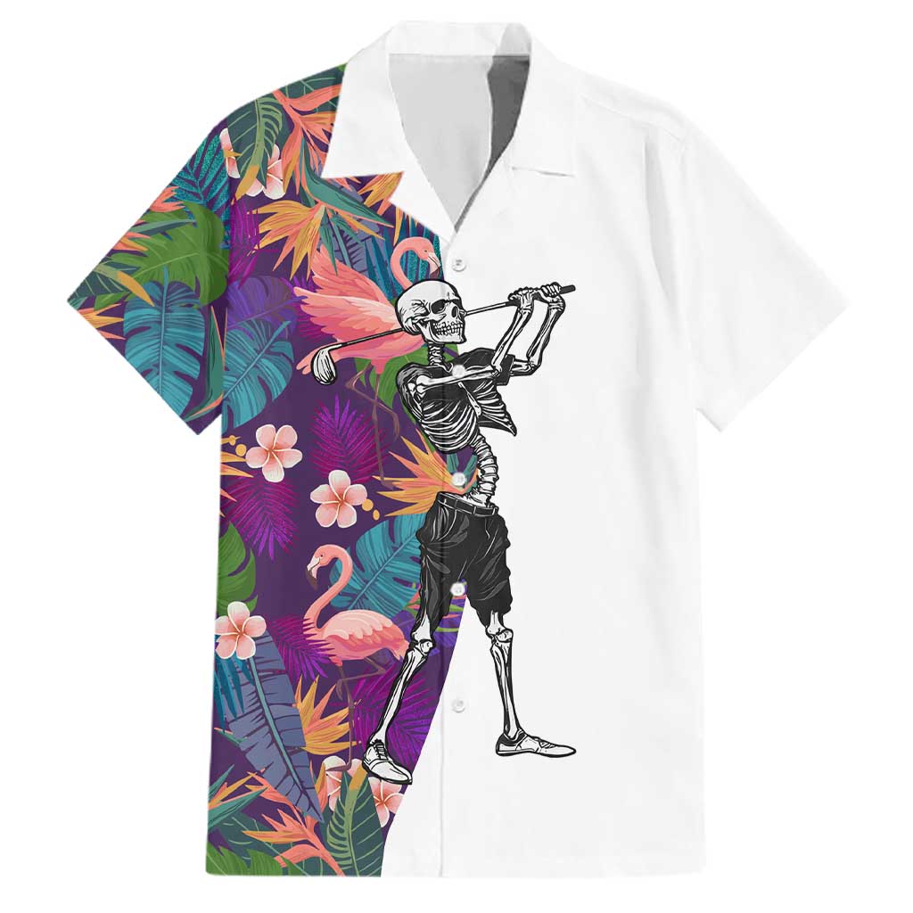 Custom Skeleton Golfer Family Matching Tank Maxi Dress and Hawaiian Shirt with Tropical Flamingo Leaves Pattern and Colorful Floral Background - Wonder Print Shop