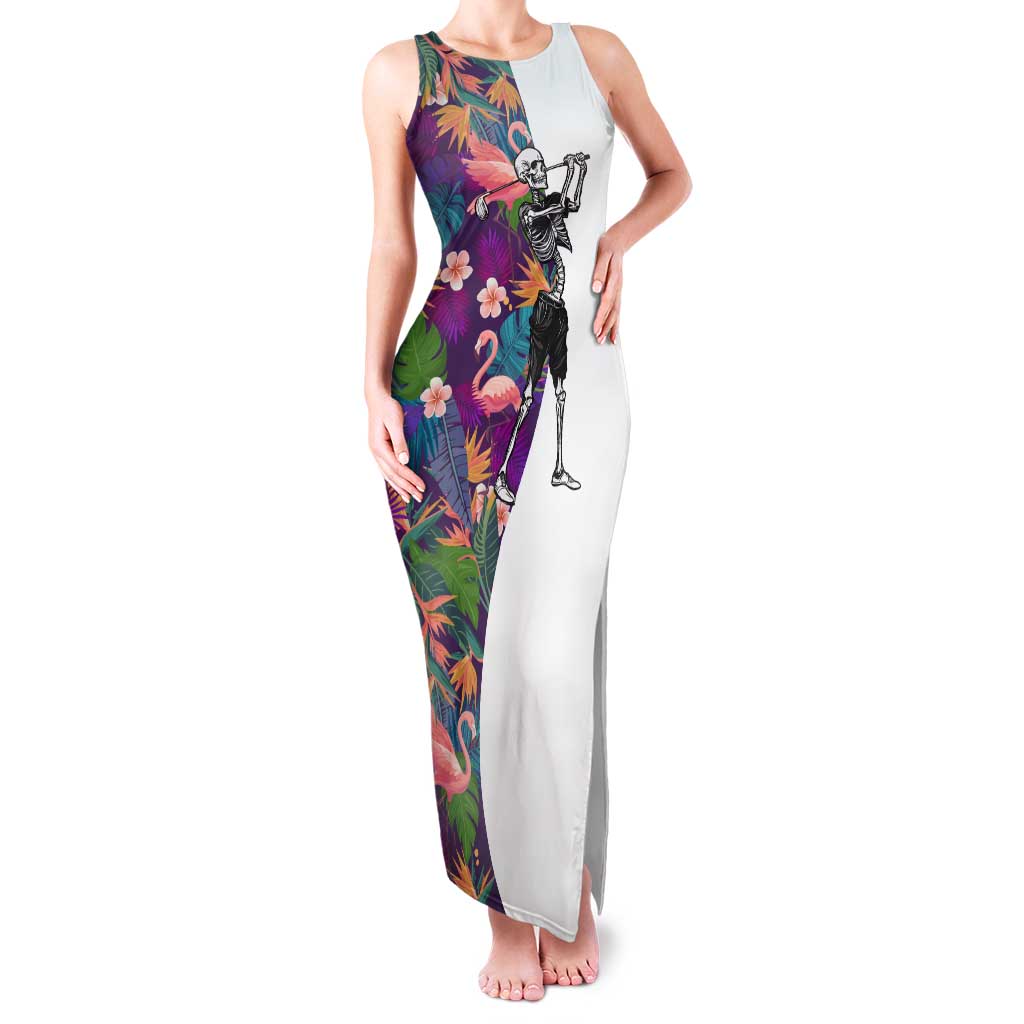 Custom Skeleton Golfer Family Matching Tank Maxi Dress and Hawaiian Shirt with Tropical Flamingo Leaves Pattern and Colorful Floral Background - Wonder Print Shop