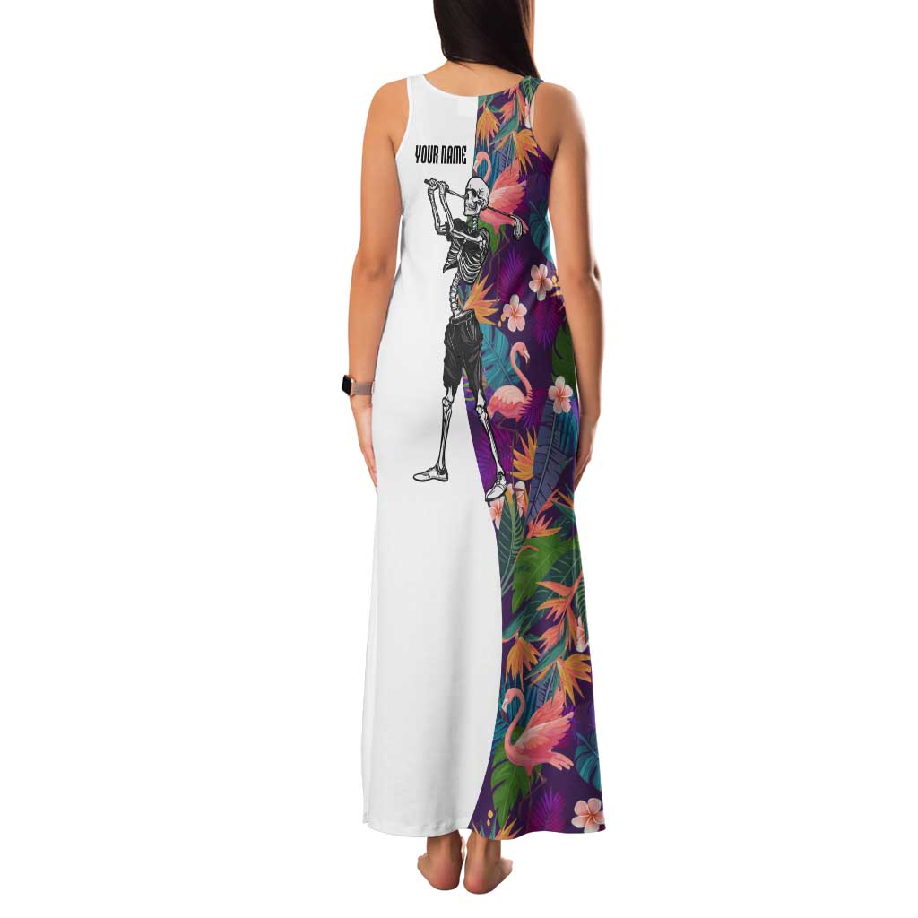 Custom Skeleton Golfer Family Matching Tank Maxi Dress and Hawaiian Shirt with Tropical Flamingo Leaves Pattern and Colorful Floral Background - Wonder Print Shop