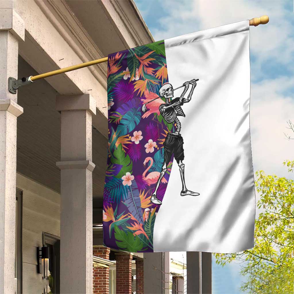 Skeleton Golfer Garden Flag with Tropical Flamingo Leaves Pattern and Colorful Floral Background - Wonder Print Shop