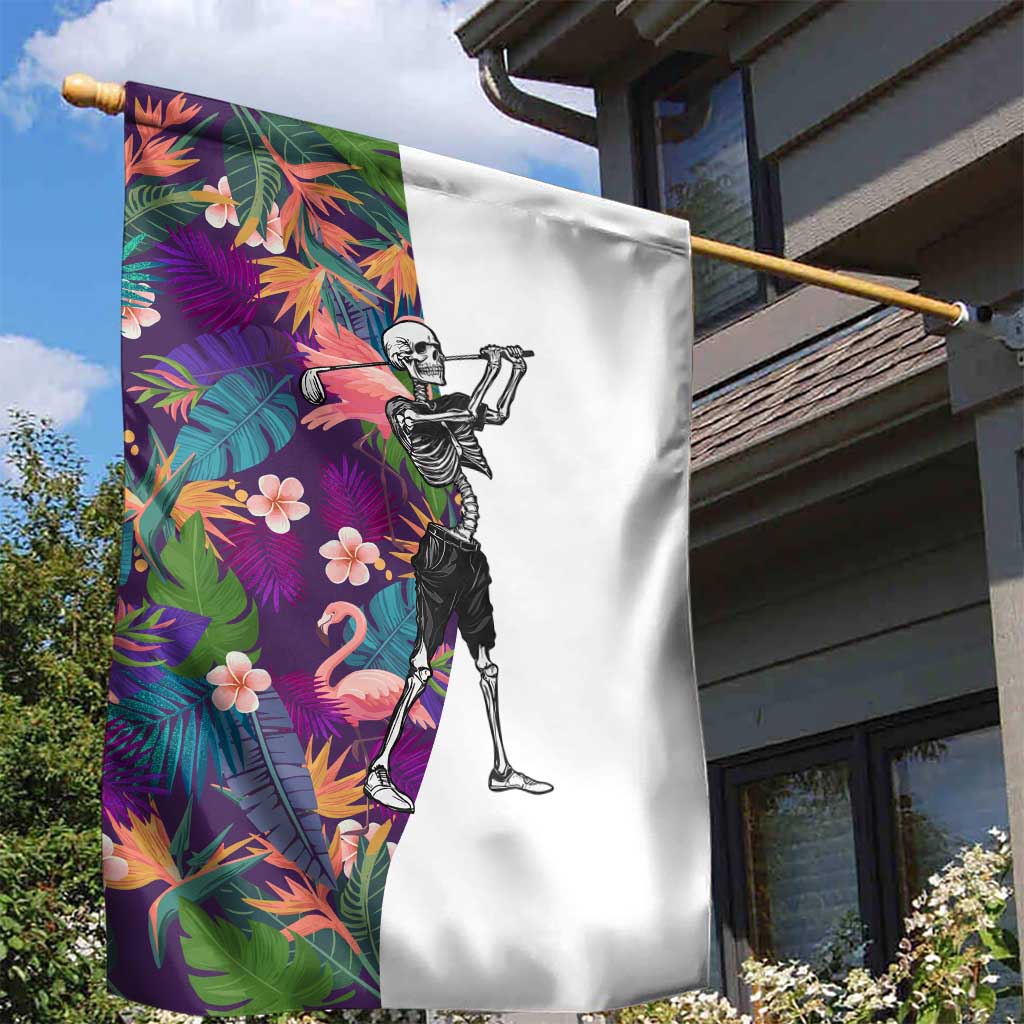 Skeleton Golfer Garden Flag with Tropical Flamingo Leaves Pattern and Colorful Floral Background - Wonder Print Shop