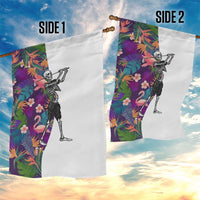 Skeleton Golfer Garden Flag with Tropical Flamingo Leaves Pattern and Colorful Floral Background - Wonder Print Shop