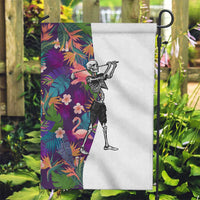Skeleton Golfer Garden Flag with Tropical Flamingo Leaves Pattern and Colorful Floral Background - Wonder Print Shop
