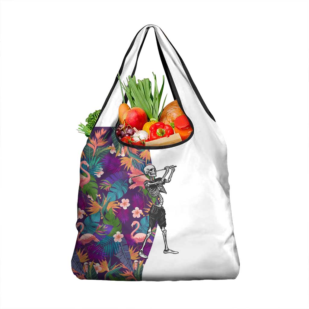 Skeleton Golfer Grocery Bag with Tropical Flamingo Leaves Pattern and Colorful Floral Background - Wonder Print Shop