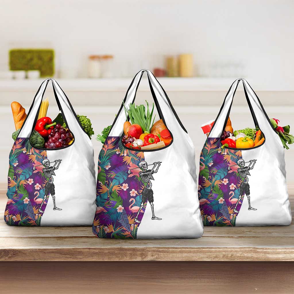 Skeleton Golfer Grocery Bag with Tropical Flamingo Leaves Pattern and Colorful Floral Background - Wonder Print Shop