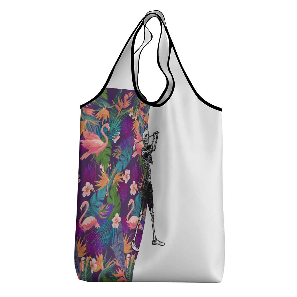 Skeleton Golfer Grocery Bag with Tropical Flamingo Leaves Pattern and Colorful Floral Background - Wonder Print Shop