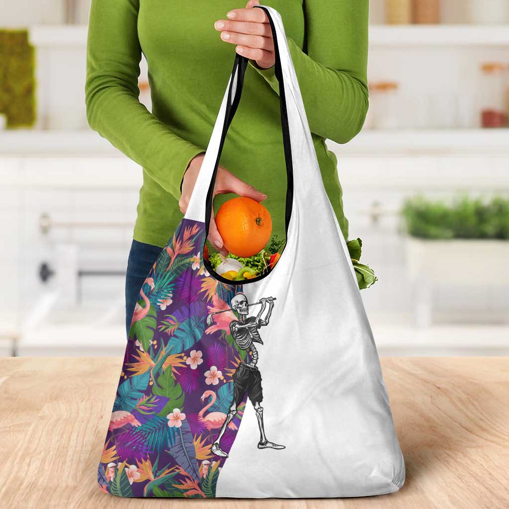 Skeleton Golfer Grocery Bag with Tropical Flamingo Leaves Pattern and Colorful Floral Background - Wonder Print Shop