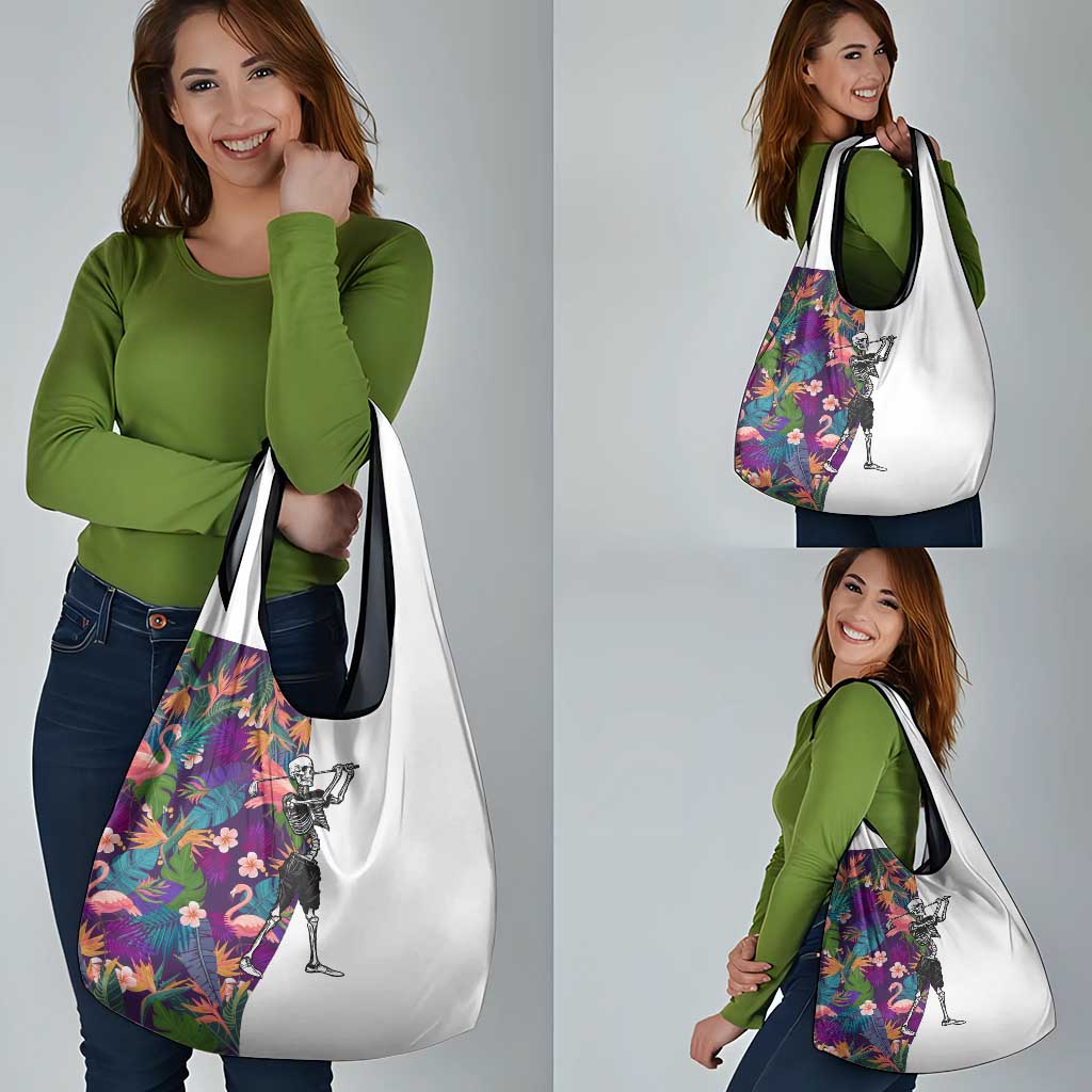 Skeleton Golfer Grocery Bag with Tropical Flamingo Leaves Pattern and Colorful Floral Background - Wonder Print Shop