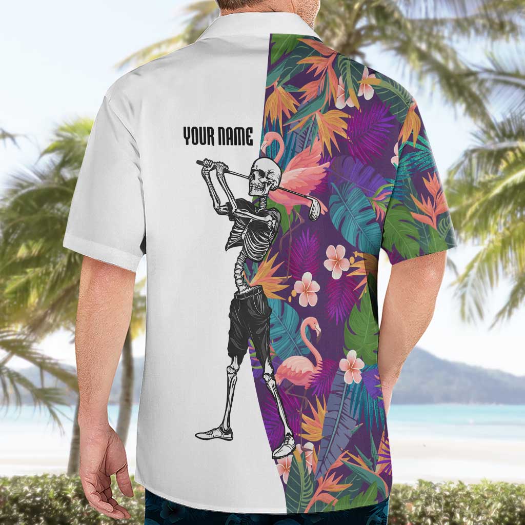 Custom Skeleton Golfer Hawaiian Shirt with Tropical Flamingo Leaves Pattern and Colorful Floral Background - Wonder Print Shop