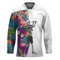 Custom Skeleton Golfer Hockey Jersey with Tropical Flamingo Leaves Pattern and Colorful Floral Background - Wonder Print Shop