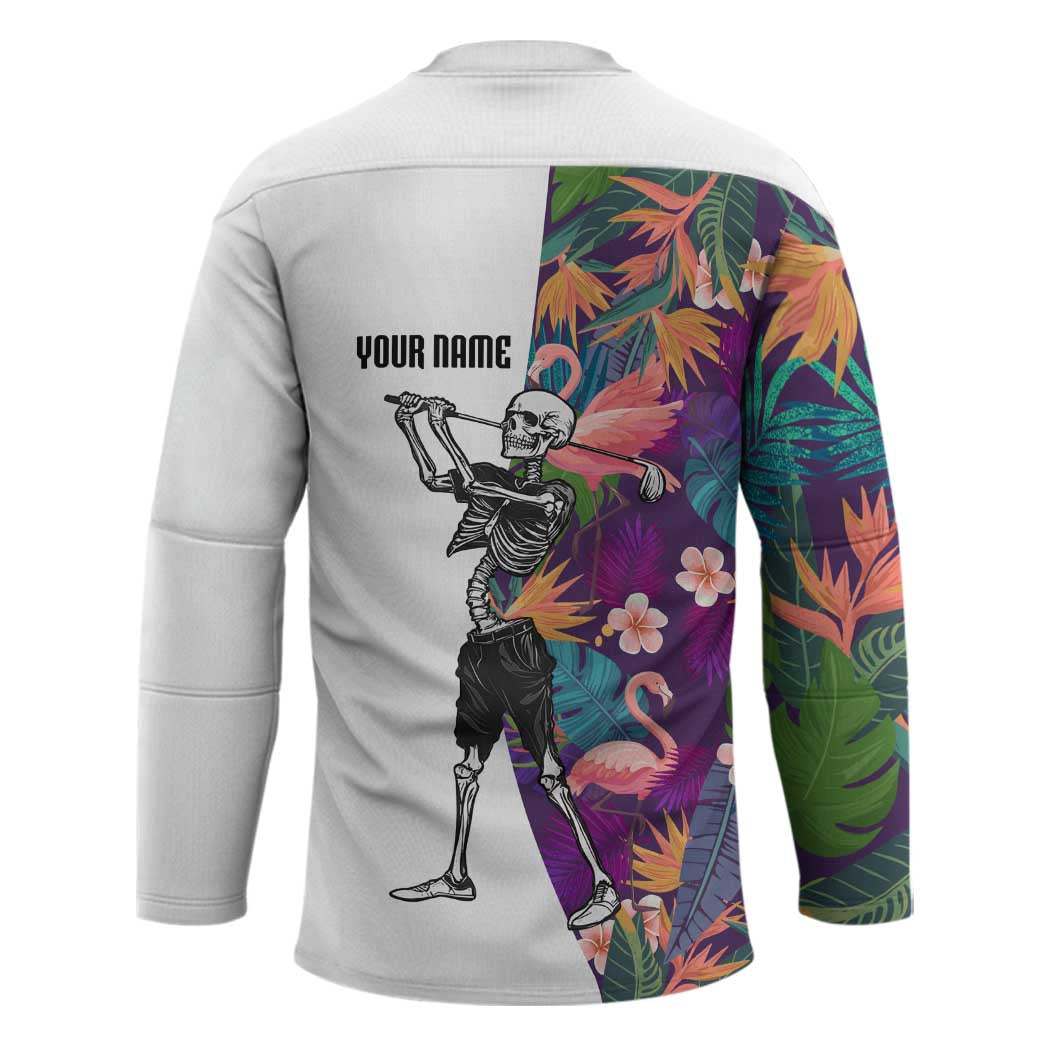Custom Skeleton Golfer Hockey Jersey with Tropical Flamingo Leaves Pattern and Colorful Floral Background - Wonder Print Shop