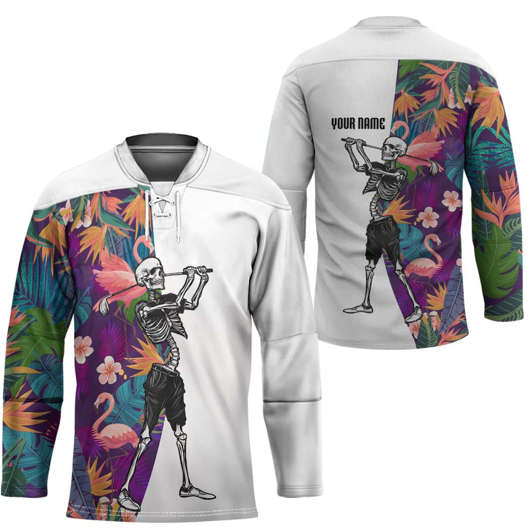 Custom Skeleton Golfer Hockey Jersey with Tropical Flamingo Leaves Pattern and Colorful Floral Background - Wonder Print Shop