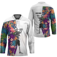 Custom Skeleton Golfer Hockey Jersey with Tropical Flamingo Leaves Pattern and Colorful Floral Background - Wonder Print Shop