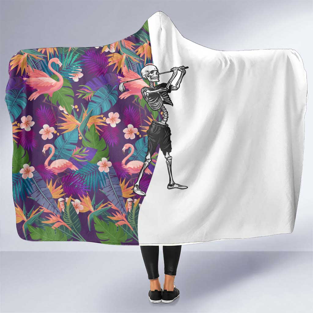 Skeleton Golfer Hooded Blanket with Tropical Flamingo Leaves Pattern and Colorful Floral Background - Wonder Print Shop