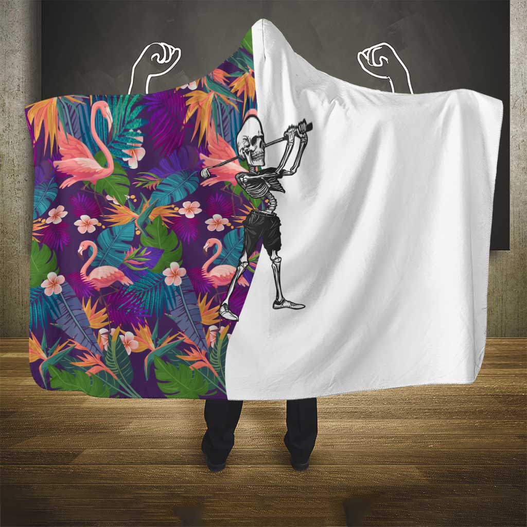 Skeleton Golfer Hooded Blanket with Tropical Flamingo Leaves Pattern and Colorful Floral Background - Wonder Print Shop
