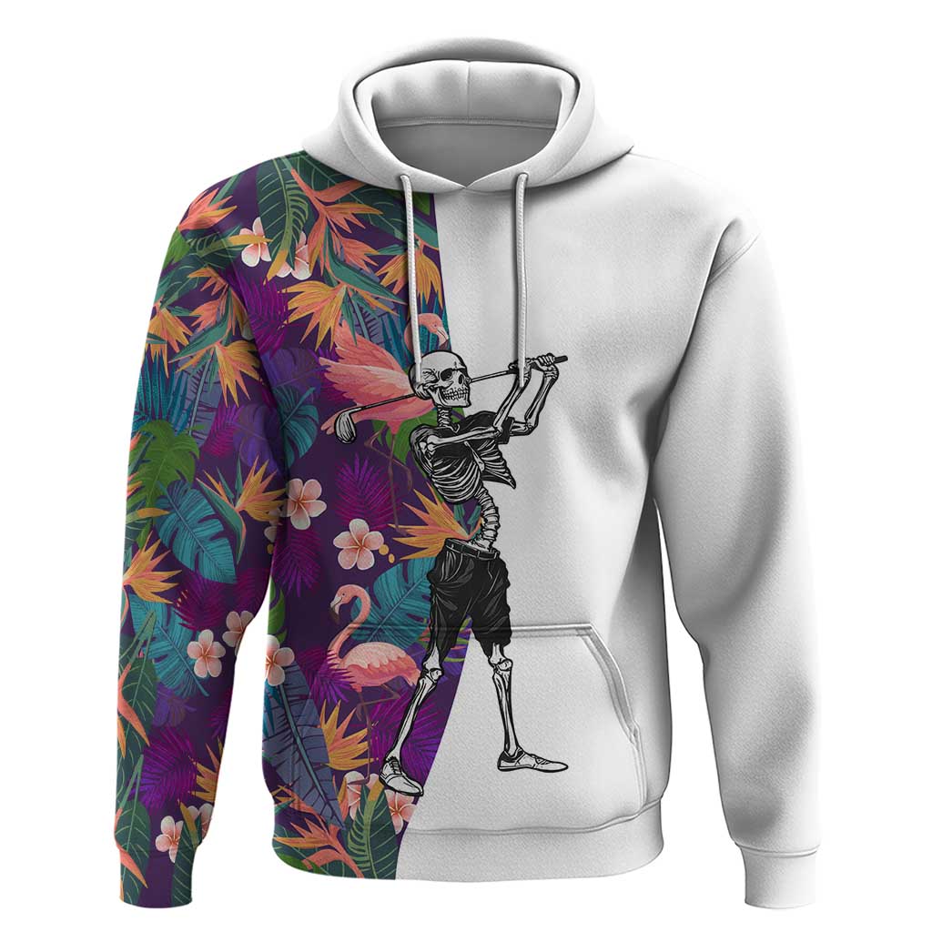 Custom Skeleton Golfer Hoodie with Tropical Flamingo Leaves Pattern and Colorful Floral Background - Wonder Print Shop