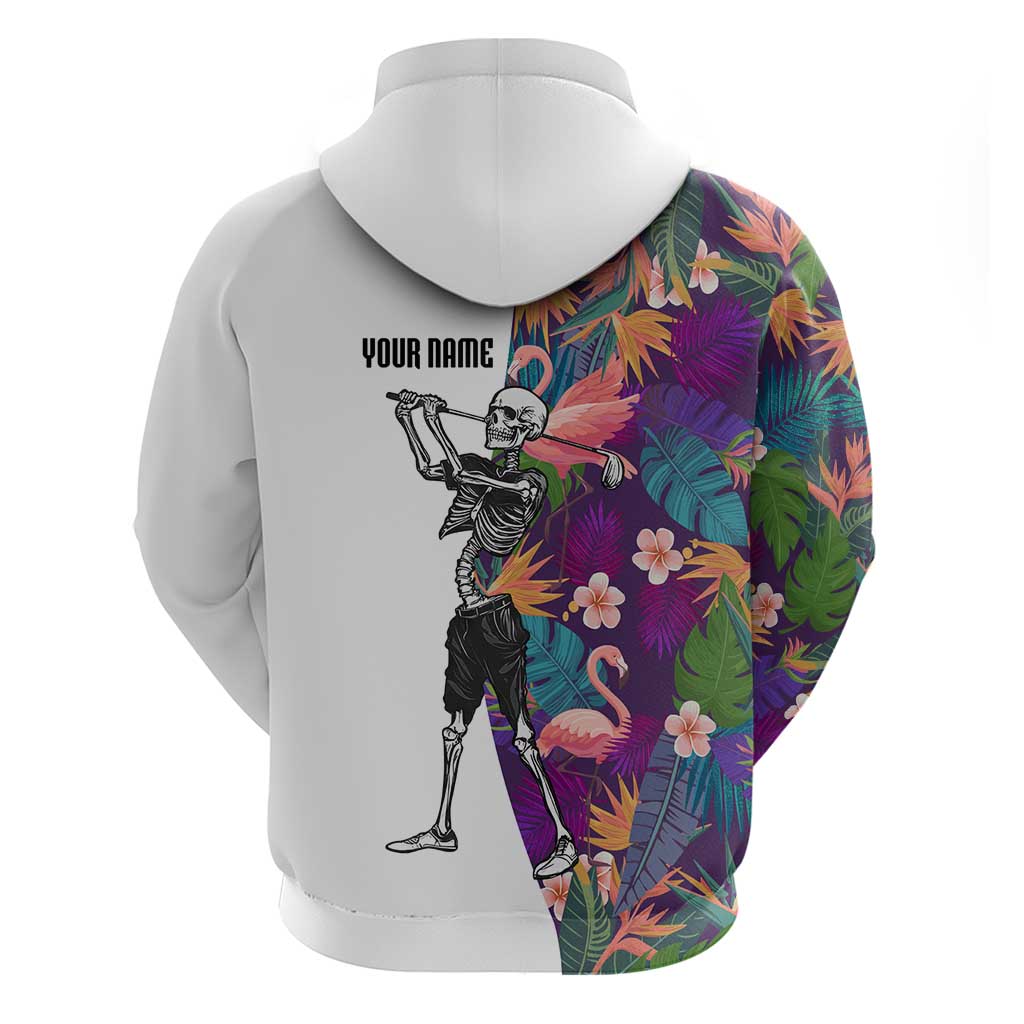 Custom Skeleton Golfer Hoodie with Tropical Flamingo Leaves Pattern and Colorful Floral Background - Wonder Print Shop