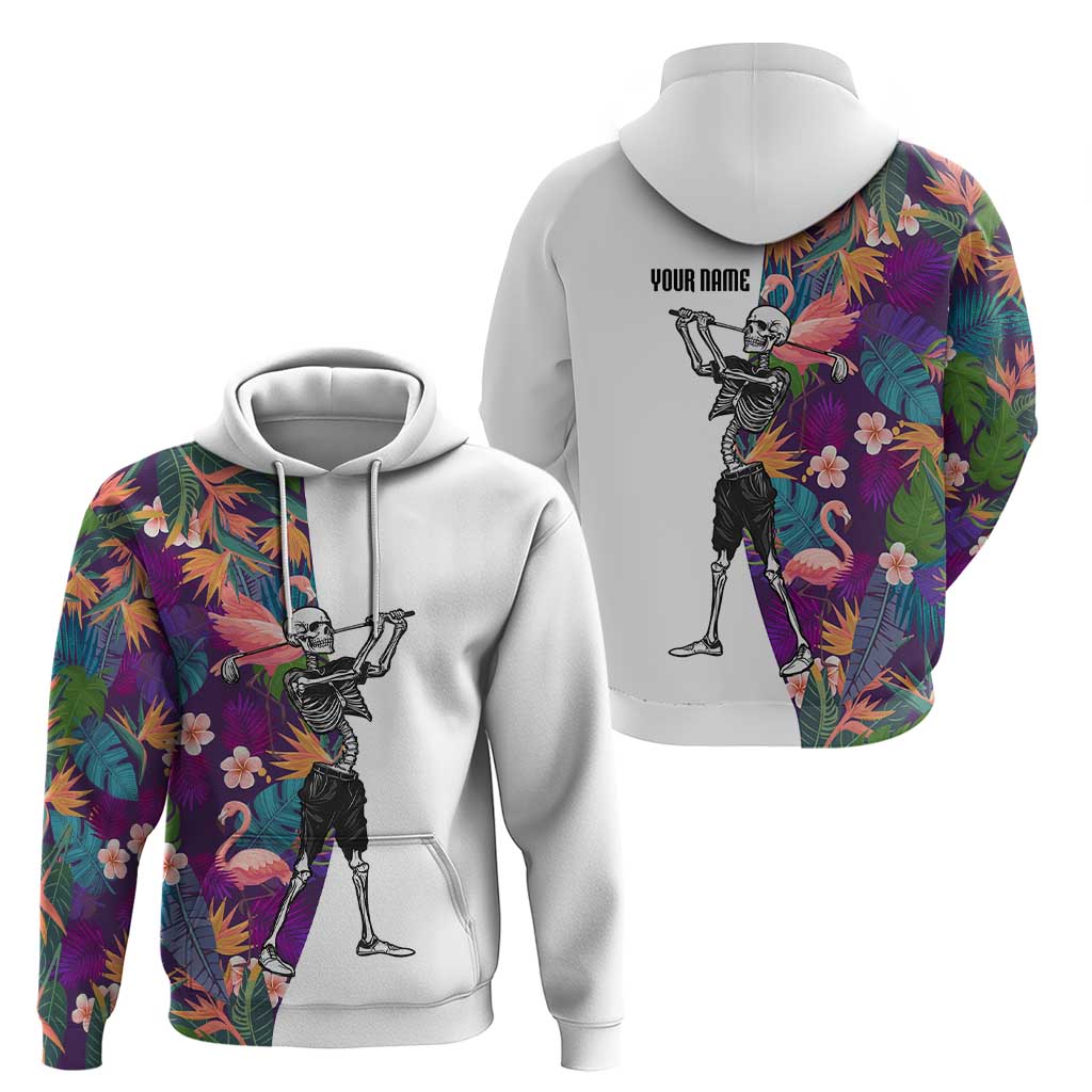 Custom Skeleton Golfer Hoodie with Tropical Flamingo Leaves Pattern and Colorful Floral Background - Wonder Print Shop