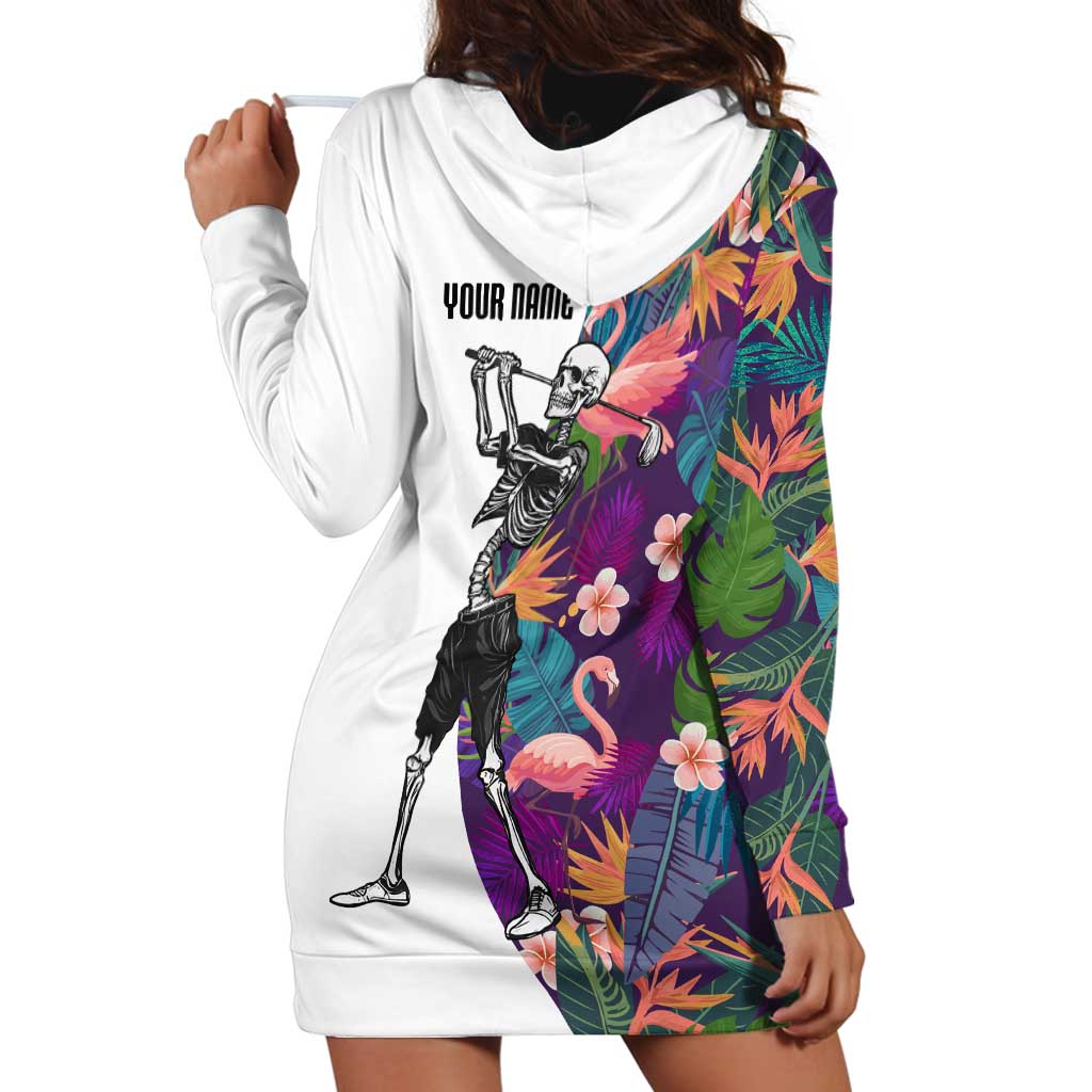 Custom Skeleton Golfer Hoodie Dress with Tropical Flamingo Leaves Pattern and Colorful Floral Background - Wonder Print Shop