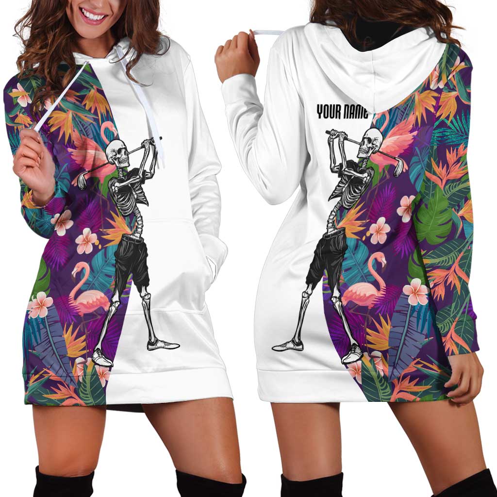 Custom Skeleton Golfer Hoodie Dress with Tropical Flamingo Leaves Pattern and Colorful Floral Background - Wonder Print Shop
