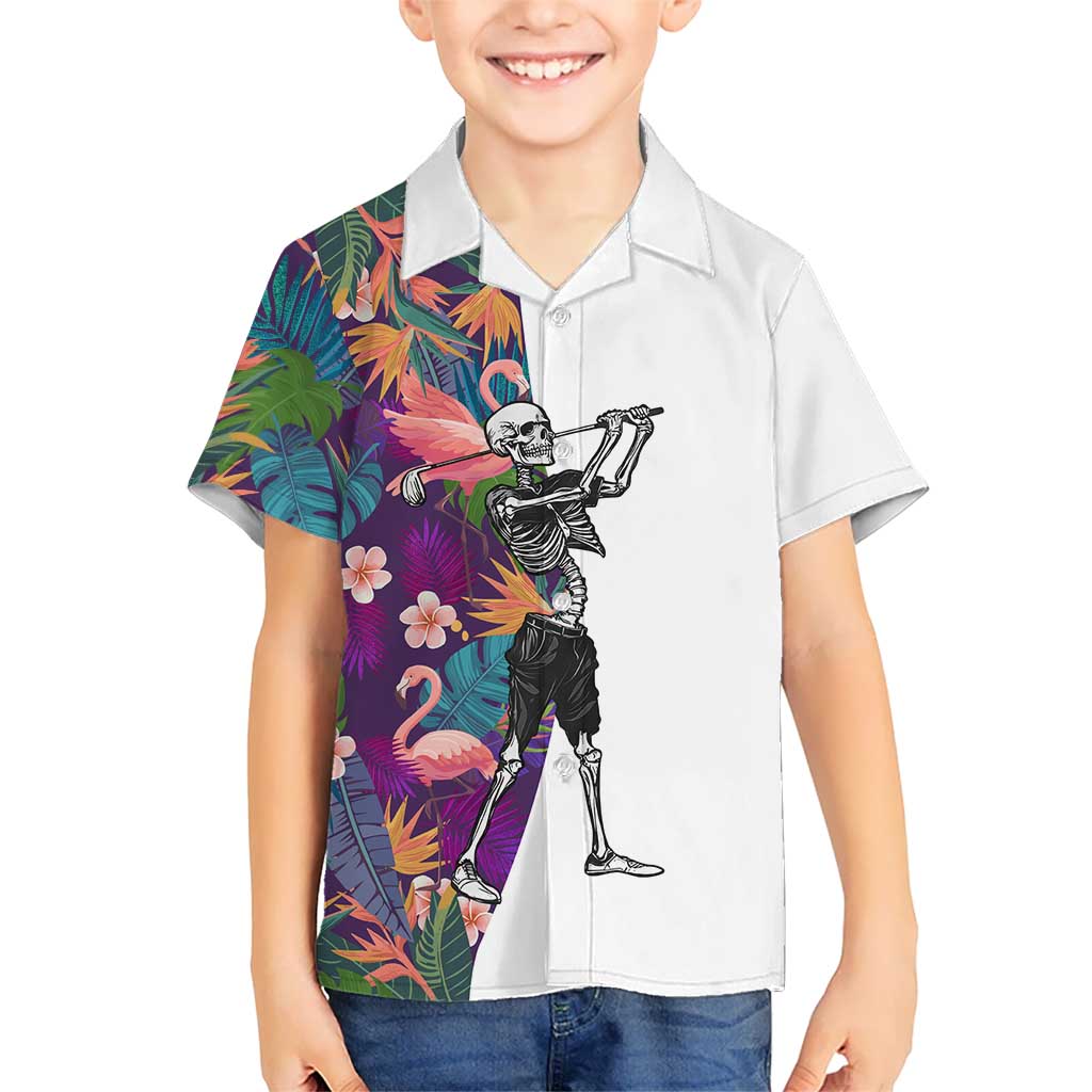 Custom Skeleton Golfer Kid Hawaiian Shirt with Tropical Flamingo Leaves Pattern and Colorful Floral Background - Wonder Print Shop