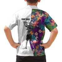 Custom Skeleton Golfer Kid Hawaiian Shirt with Tropical Flamingo Leaves Pattern and Colorful Floral Background - Wonder Print Shop