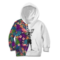Custom Skeleton Golfer Kid Hoodie with Tropical Flamingo Leaves Pattern and Colorful Floral Background - Wonder Print Shop