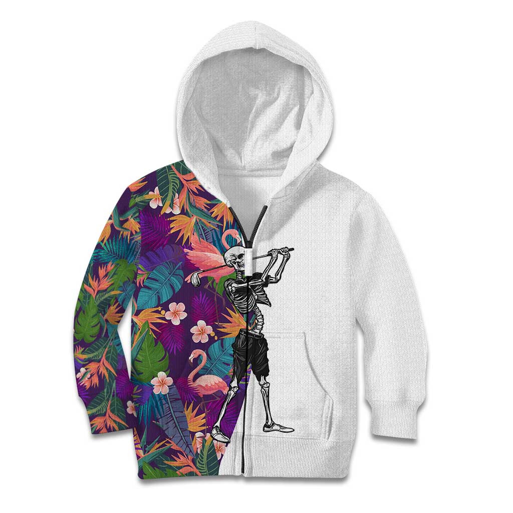 Custom Skeleton Golfer Kid Hoodie with Tropical Flamingo Leaves Pattern and Colorful Floral Background - Wonder Print Shop