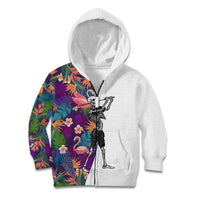 Custom Skeleton Golfer Kid Hoodie with Tropical Flamingo Leaves Pattern and Colorful Floral Background - Wonder Print Shop