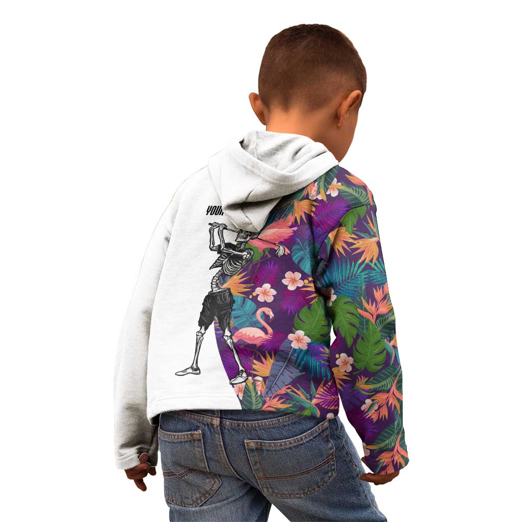 Custom Skeleton Golfer Kid Hoodie with Tropical Flamingo Leaves Pattern and Colorful Floral Background - Wonder Print Shop