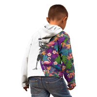 Custom Skeleton Golfer Kid Hoodie with Tropical Flamingo Leaves Pattern and Colorful Floral Background - Wonder Print Shop