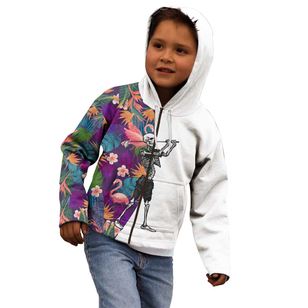 Custom Skeleton Golfer Kid Hoodie with Tropical Flamingo Leaves Pattern and Colorful Floral Background - Wonder Print Shop