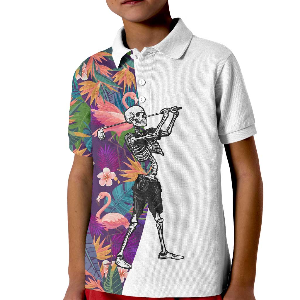 Custom Skeleton Golfer Kid Polo Shirt with Tropical Flamingo Leaves Pattern and Colorful Floral Background - Wonder Print Shop