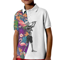 Custom Skeleton Golfer Kid Polo Shirt with Tropical Flamingo Leaves Pattern and Colorful Floral Background - Wonder Print Shop