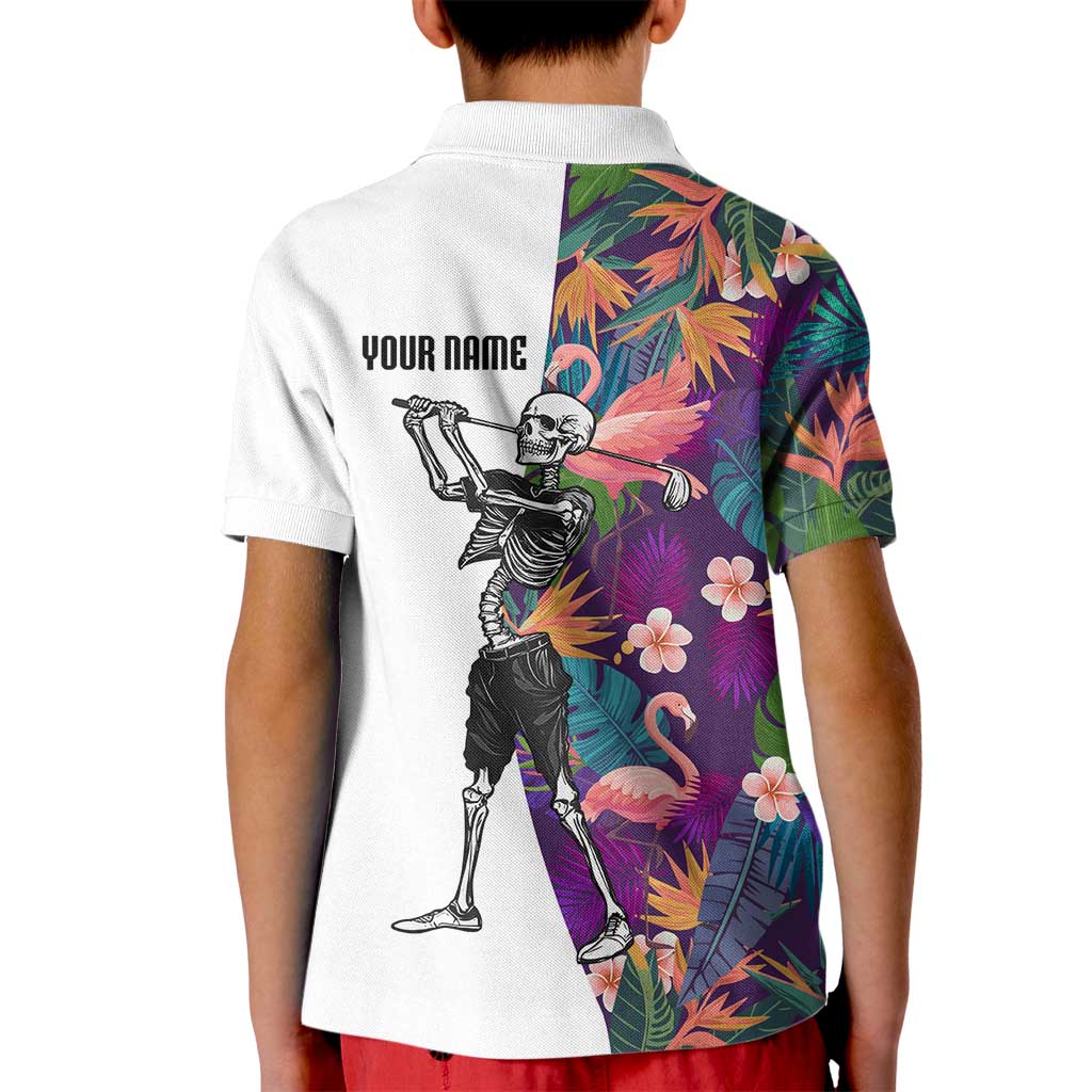 Custom Skeleton Golfer Kid Polo Shirt with Tropical Flamingo Leaves Pattern and Colorful Floral Background - Wonder Print Shop