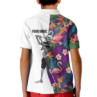 Custom Skeleton Golfer Kid Polo Shirt with Tropical Flamingo Leaves Pattern and Colorful Floral Background - Wonder Print Shop