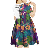 Custom Skeleton Golfer Kid Short Sleeve Dress with Tropical Flamingo Leaves Pattern and Colorful Floral Background - Wonder Print Shop